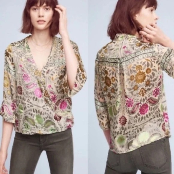 Anthropologie Floreat Japonica Floral Silk Blend Velvet Wrap Blouse Small - Picture 2 of 12